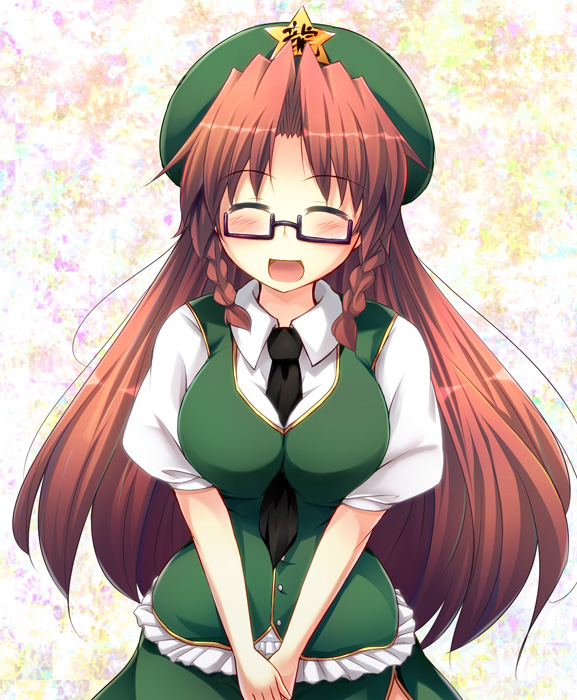 bespectacled between_breasts blush braid breasts chinese_clothes closed_eyes clothes_between_breasts dress glasses green_dress hat hong_meiling long_hair necktie open_mouth red_hair smile solo tekehiro touhou twin_braids v_arms