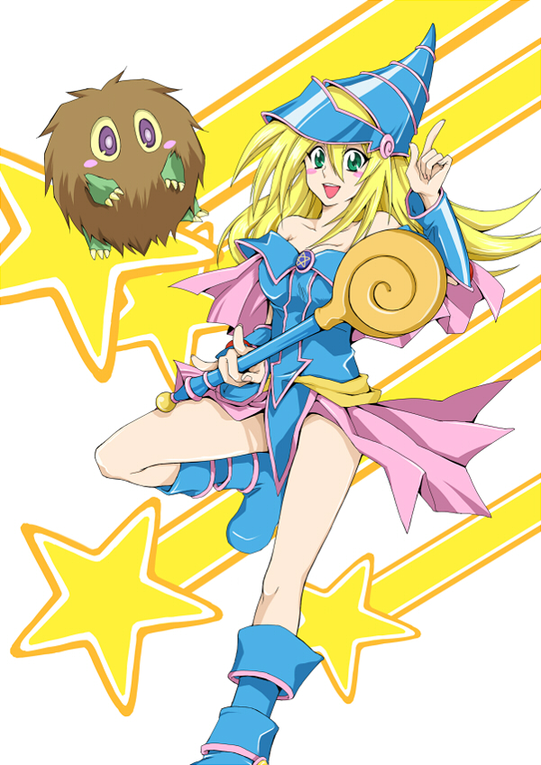 bare_shoulders black_magician_girl blonde dark_magician_girl detached_sleeves kuriboh wand witch_hat yugioh