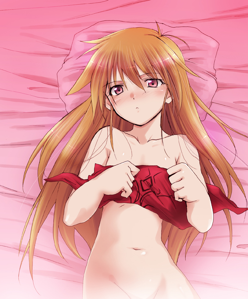 bed blush covering_breasts fifteenhounds kaiga long_hair nude on_back orange_hair pillow red_eyes tagme