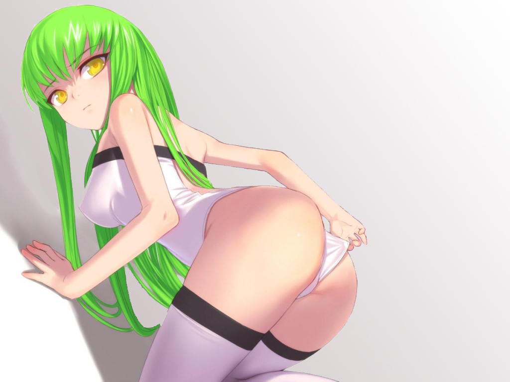 adjusting_panties arm_support bent_over c.c. code_geass erect_nipples green_hair looking_back one-piece oshiri thighhighs uni very_long_hair yellow_eyes