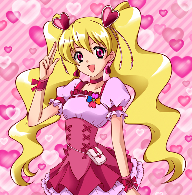 :d blonde_hair bow choker cure_peach dress earrings eyelashes fresh_precure! frills hair_ornament hairpin hamutarou happy heart heart_hair_ornament jewelry long_hair magical_girl momozono_love open_mouth pink_bow pink_choker pink_eyes precure ribbon smile solo twintails wrist_cuffs