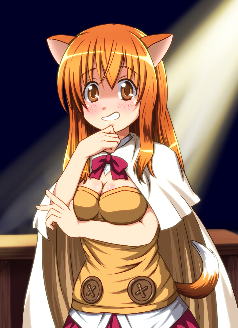 animal_ears blush breasts brown_eyes brown_hair cape cleavage diesel-turbo dog_days dog_ears dog_girl dog_tail medium_breasts older ricotta_elmar smile solo tail