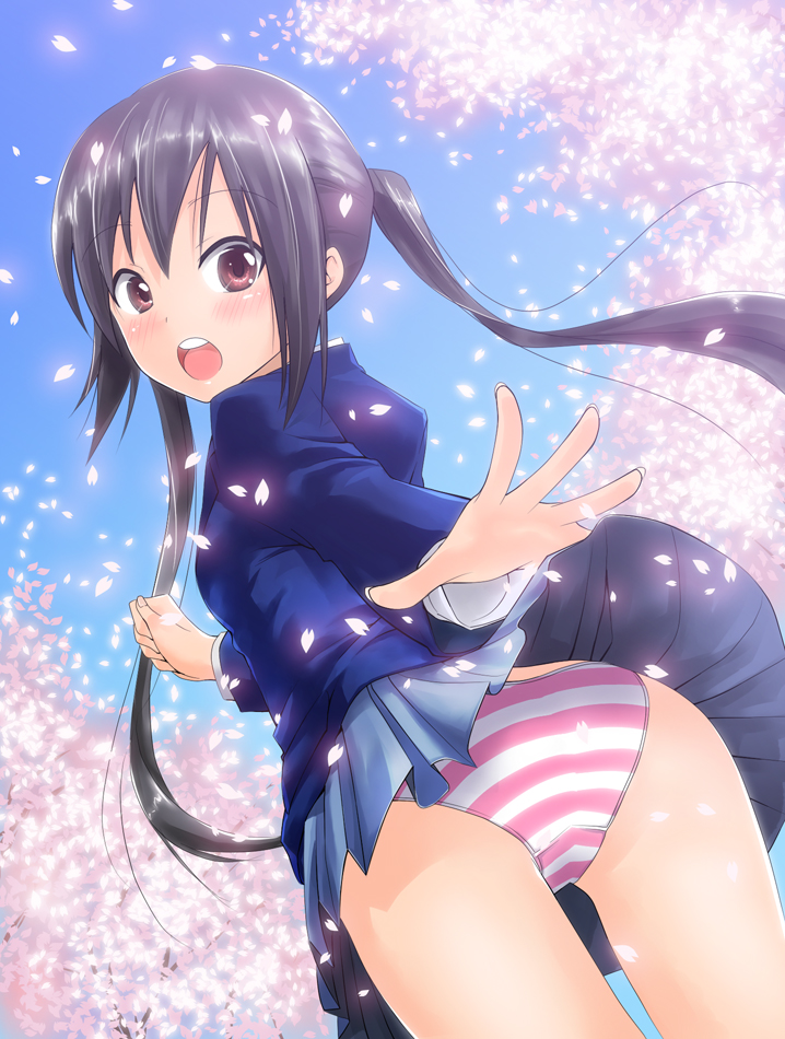 ass k-on! nakano_azusa panties petite school_uniform solo striped striped_panties tsunbeji twintails underwear