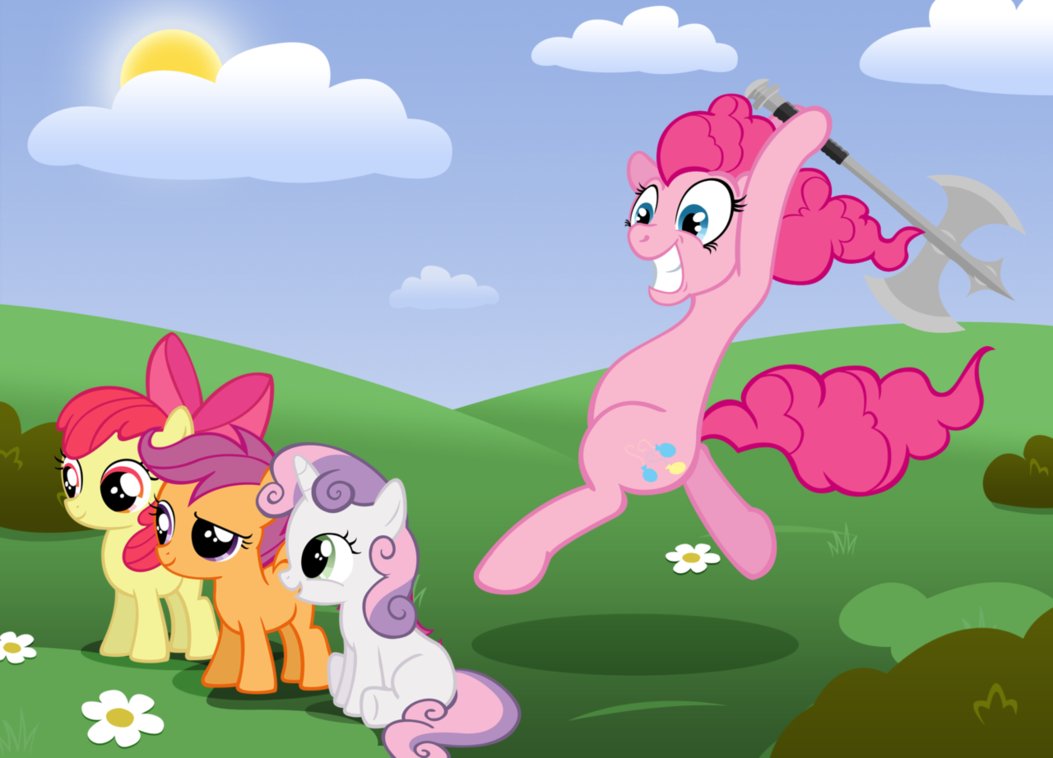 applebloom_(mlp) axe blue_eyes bow cloud crazy equine female flower friendship_is_magic green_eyes horse imminent_death my_little_pony pegasus pink_eyes pink_hair pinkie_pie_(mlp) pony purple_eyes scootaloo_(mlp) sun sweetie_belle_(mlp) two_tone_hair unicorn unknown_artist weapon