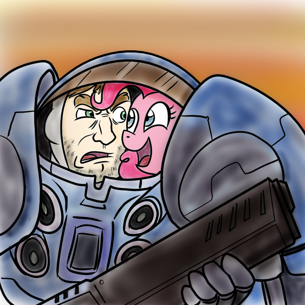blue_eyes brown_hair confusion crossover equine female friendship_is_magic fur green_eyes gun hair horse madmax male mammal marine meme my_little_pony pink_fur pink_hair pinkie_pie_(mlp) pinkie_pie_out_of_fucking_nowhere plain_background pony power_armor ranged_weapon starcraft stubble weapon