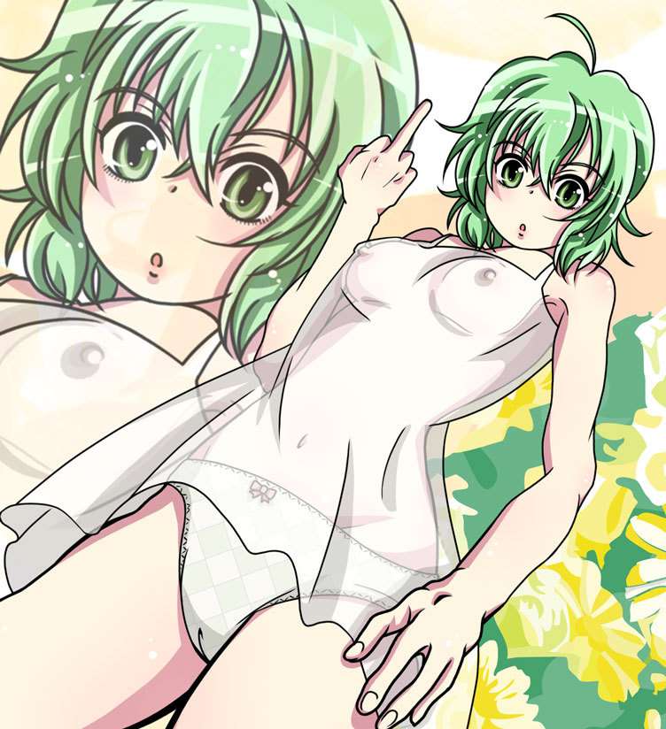 bapio breasts cameltoe green_hair ichiban_ushiro_no_daimaou korone middle_finger nipples pussy see-through see_through