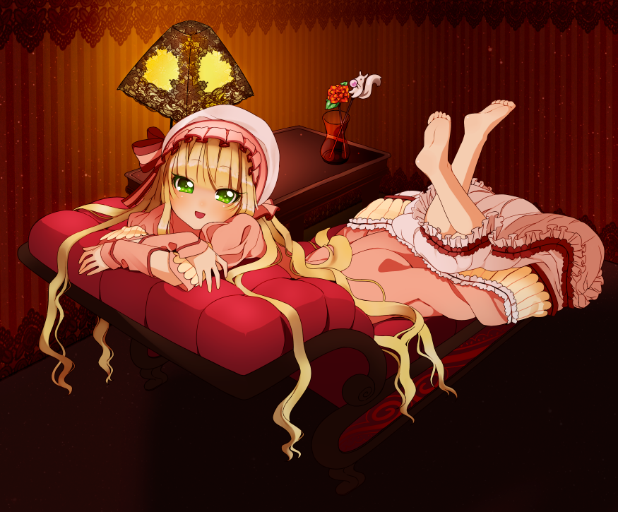 bangs barefoot blonde_hair blunt_bangs candy chair dress edalie feet food frills gosick green_eyes hat indoors lamp leg_lift long_hair looking_at_viewer lying nightstand on_stomach open_mouth solo squirrel vase very_long_hair victorica_de_blois wavy_hair