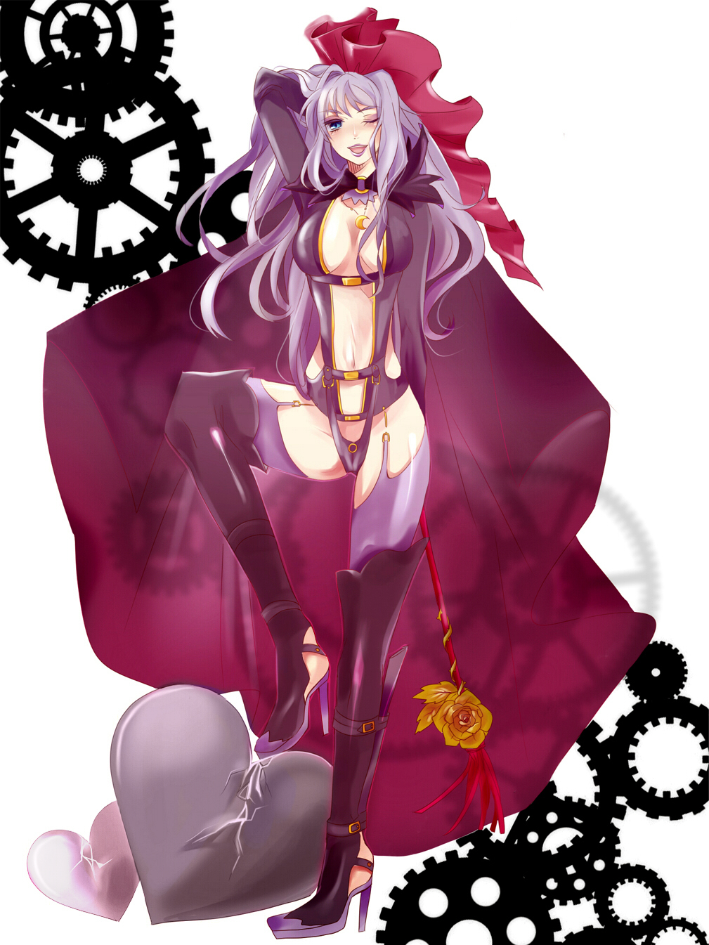 bad_id bad_pixiv_id blue_eyes boots cape gears heart highres hoe_satsuki lipstick long_hair macross macross_frontier macross_frontier:_itsuwari_no_utahime makeup one_eye_closed purple_hair sheryl_nome solo thigh_boots thighhighs whip