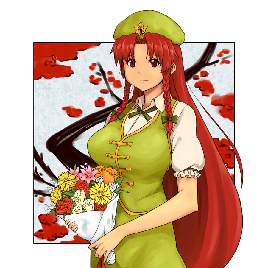 alternate_eye_color bad_id bad_pixiv_id bouquet braid breasts flower hong_meiling large_breasts long_hair red_eyes red_hair shibasaki_shouji smile solo star touhou twin_braids