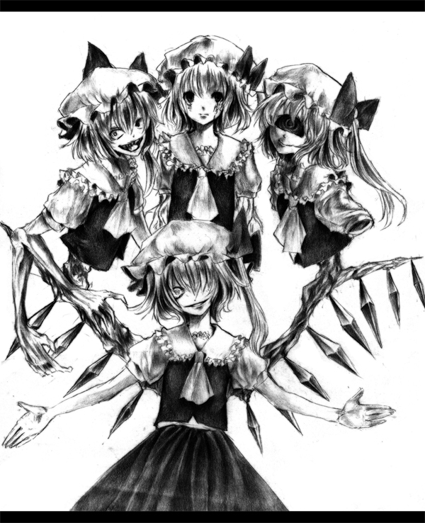 bad_id bad_pixiv_id cyclops flandre_scarlet four_of_a_kind_(touhou) greyscale horror_(theme) lastdark letterboxed monochrome multiple_girls multiple_persona one-eyed touhou