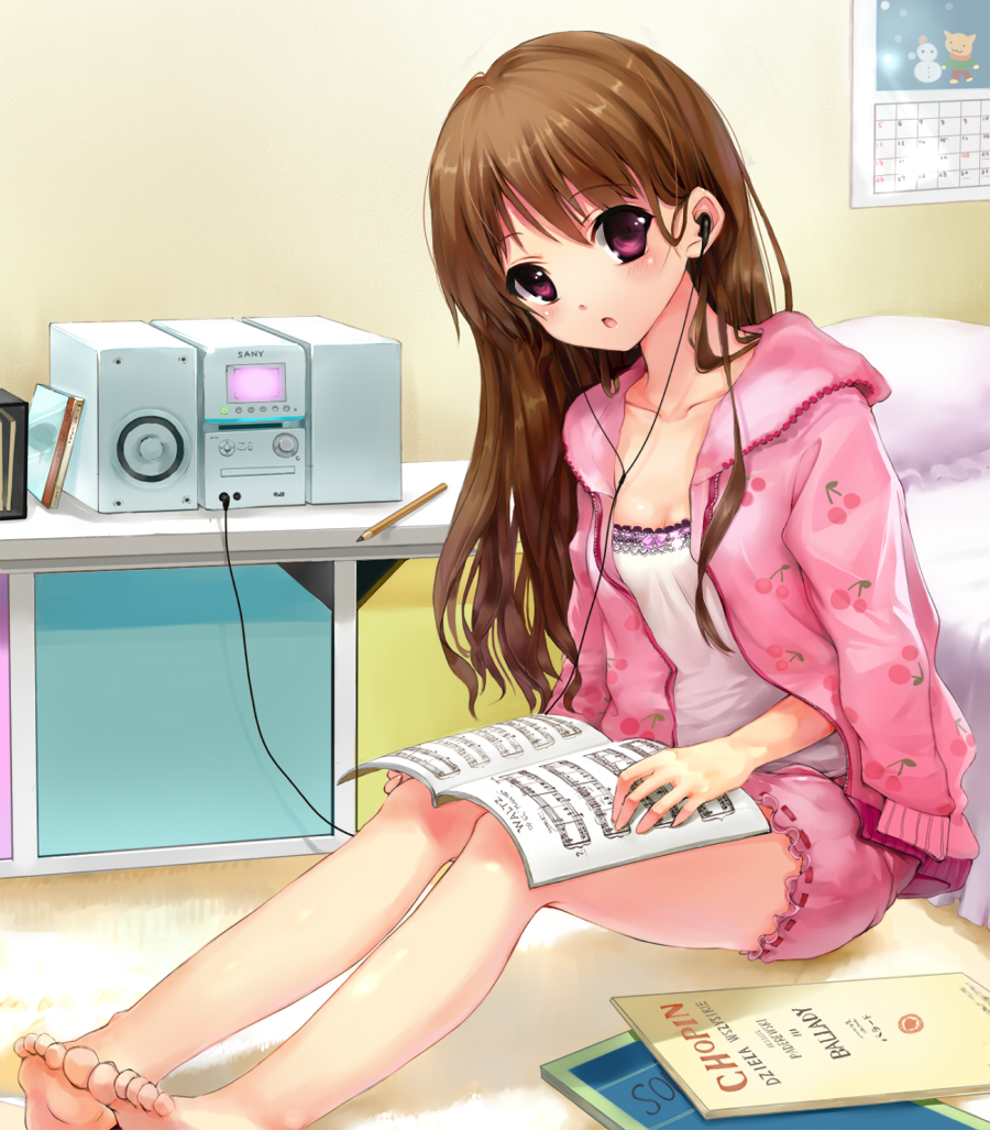 bad_id bad_pixiv_id barefoot bed bloomers blush brand_name_imitation brown_hair calendar_(object) cd cd_case cd_player cherry_print earphones feet food_print jacket listening_to_music momoko_(momopoco) nightstand pajamas pencil pink_eyes sheet_music solo sony stereo toes underwear