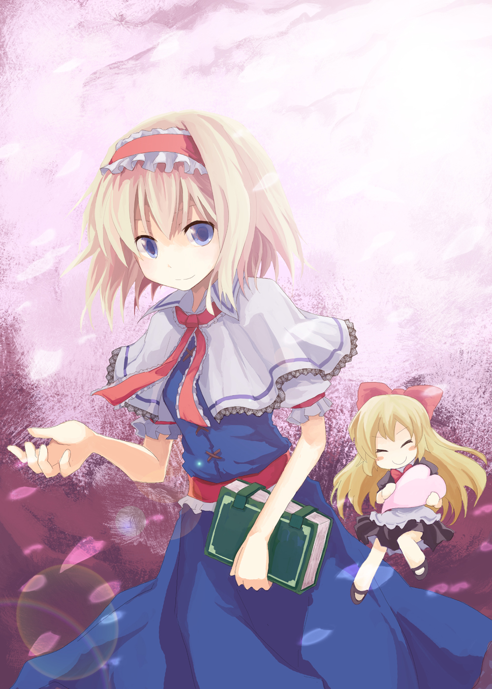 alice_margatroid black_dress blonde_hair blue_dress blue_eyes blush_stickers book bow bowtie capelet cherry_blossoms closed_eyes closed_mouth doll dress floating frilled_dress frills hair_bow hairband heart heno51 highres holding holding_book long_hair necktie sash shanghai_doll short_hair smile solo standing touhou