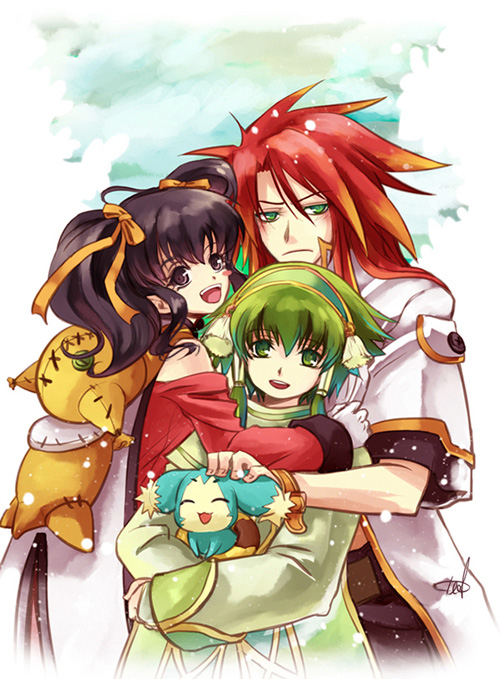 2boys :d ^_^ anise_tatlin black_hair blush bow brown_eyes closed_eyes coat creature doll frown green_eyes green_hair hair_ribbon hair_tubes hand_on_head happy ion long_hair luke_fon_fabre mieu multicolored_hair multiple_boys open_mouth orange_hair red_hair retpa ribbon sidelocks smile tales_of_(series) tales_of_the_abyss tokunaga twintails