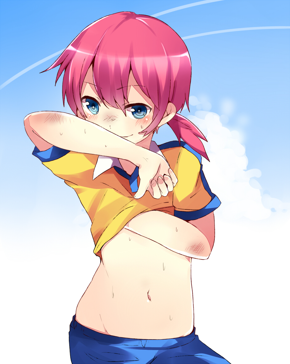 arm_up bad_id bad_pixiv_id blue_eyes blush dirty dirty_face hand_on_own_chest inazuma_eleven_(series) inazuma_eleven_go kirino_ranmaru male_focus midriff navel otoko_no_ko pants pink_hair pun2 shirt short_twintails smile solo sweat twintails