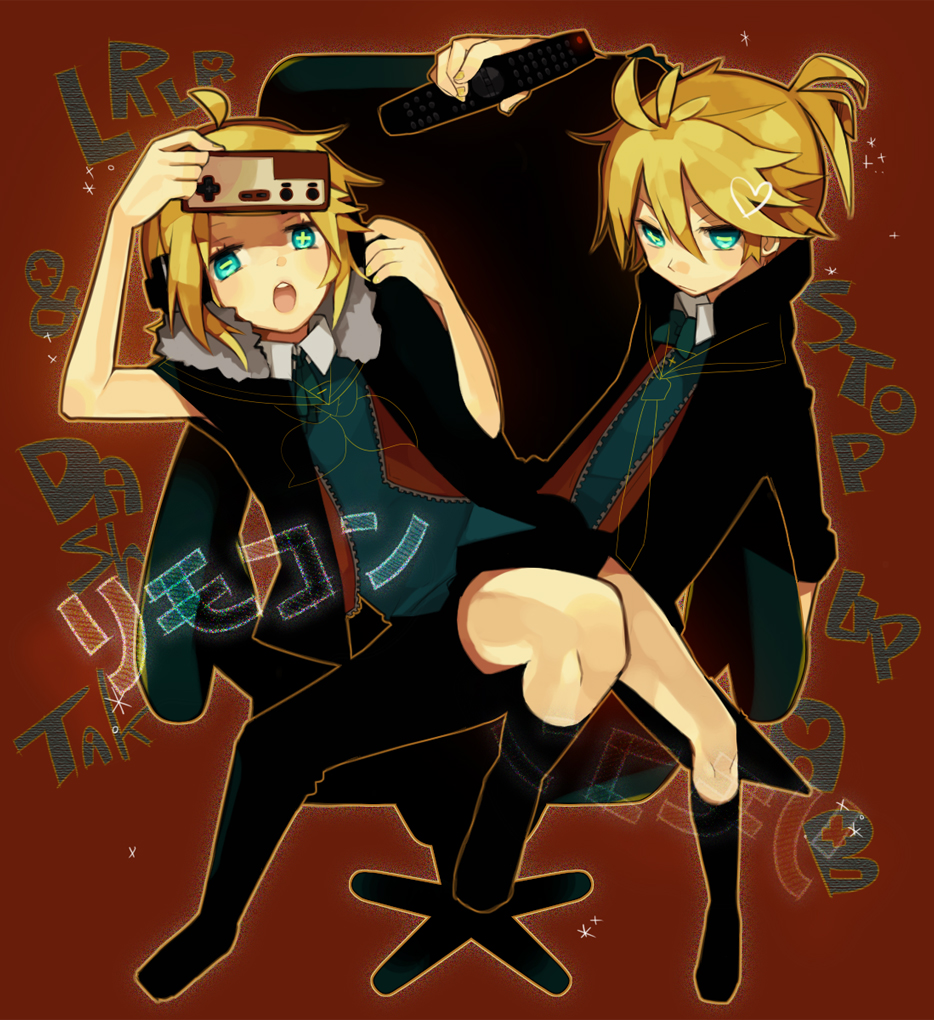 1girl aqua_eyes blonde_hair boots brother_and_sister controller famicom formal fur_collar game_console headphones hiyo_kiki jacket kagamine_len kagamine_rin necktie open_mouth ponytail remote_control rimocon_(vocaloid) short_hair shorts siblings twins video_game vocaloid