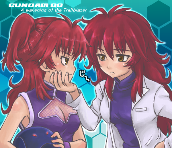 bad_haro breasts cleavage cleavage_cutout copyright_name domoge frown gundam gundam_00 gundam_00_a_wakening_of_the_trailblazer labcoat large_breasts long_hair meena_carmine multiple_girls nena_trinity red_hair two_side_up yellow_eyes