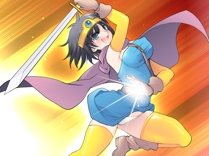 bad_id bad_pixiv_id blue_eyes boots brown_hair cloak dragon_quest dragon_quest_iii gloves magic oneone1 open_mouth panties pantyshot roto solo sword thighhighs underwear weapon