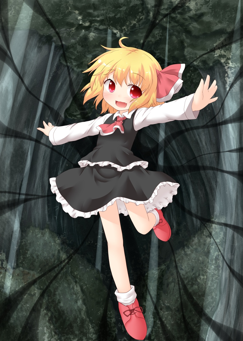 ascot bare_legs blonde_hair blush bow child darkness fang forest frills hair_bow natsu_no_koucha nature open_mouth outstretched_arms red_eyes rumia solo standing standing_on_one_leg touhou tree