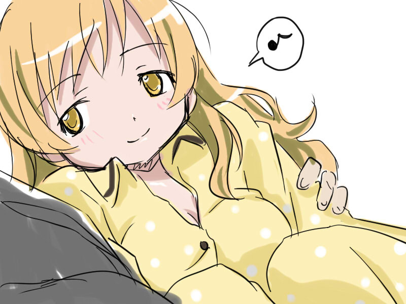 alternate_hairstyle blonde_hair breasts carrying cleavage eighth_note hug long_hair mahou_shoujo_madoka_magica medium_breasts musical_note nishina official_style pajamas princess_carry smile solo speech_bubble spoken_musical_note tomoe_mami yellow_eyes