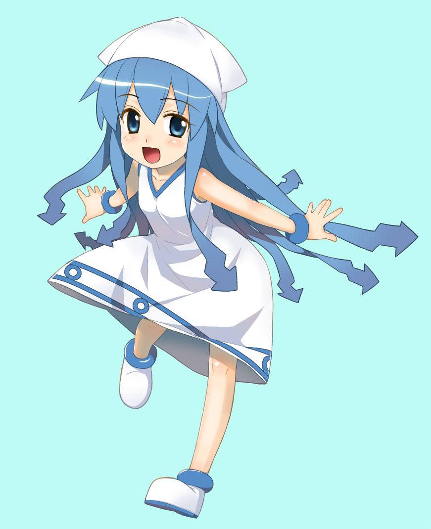 blue_eyes blue_hair dress hat ikamusume long_hair shinryaku!_ikamusume solo tentacle_hair yaya_hinata