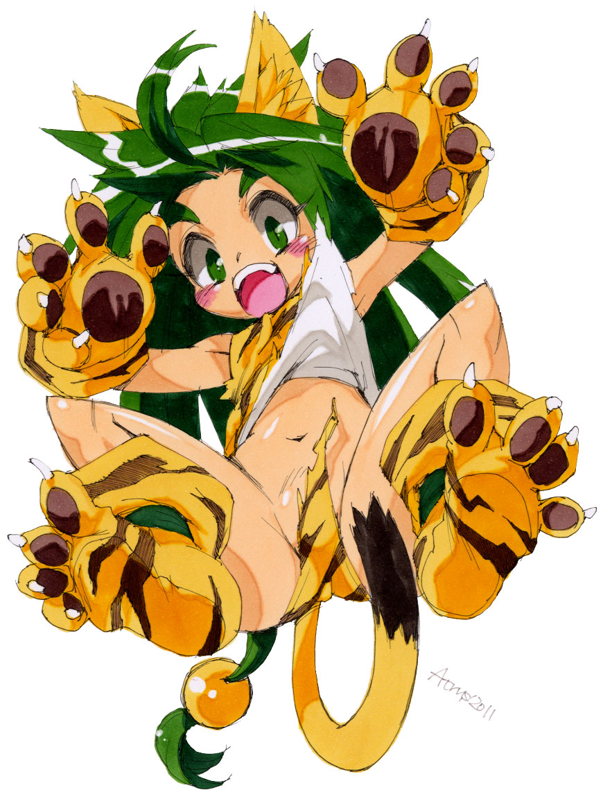 animal_ears animal_print atorasu bad_id bad_pixiv_id banned_artist blush cat_ears cham_cham claws gloves green_eyes green_hair long_hair navel no_panties open_mouth paw_gloves paws samurai_spirits simple_background solo tail tiger_print