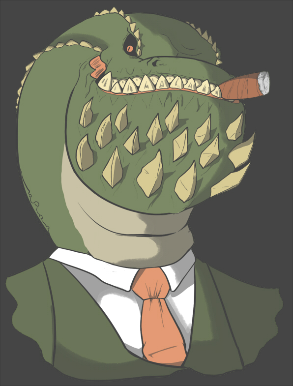 ambiguous_gender anthro brute_wyvern capcom cigar clothing deviljho dinosaur formal looking_at_viewer mcmr_(pixiv) monster_hunter necktie plain_background portrait red_eyes scalie smoking solo srs_business suit video_games