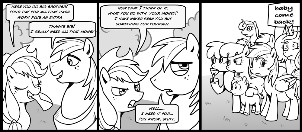 applejack_(mlp) berry_punch_(mlp) big_macintosh_(mlp) black_and_white comic cutie_mark dialog draft_horse english_text equine female feral freckles friendship_is_magic group horn horse humor knocked_up letter mad_max madmax male mammal monochrome my_little_pony pegasus pony pregnant princess_luna_(mlp) rainbow_dash_(mlp) text unicorn unknown_pony wings