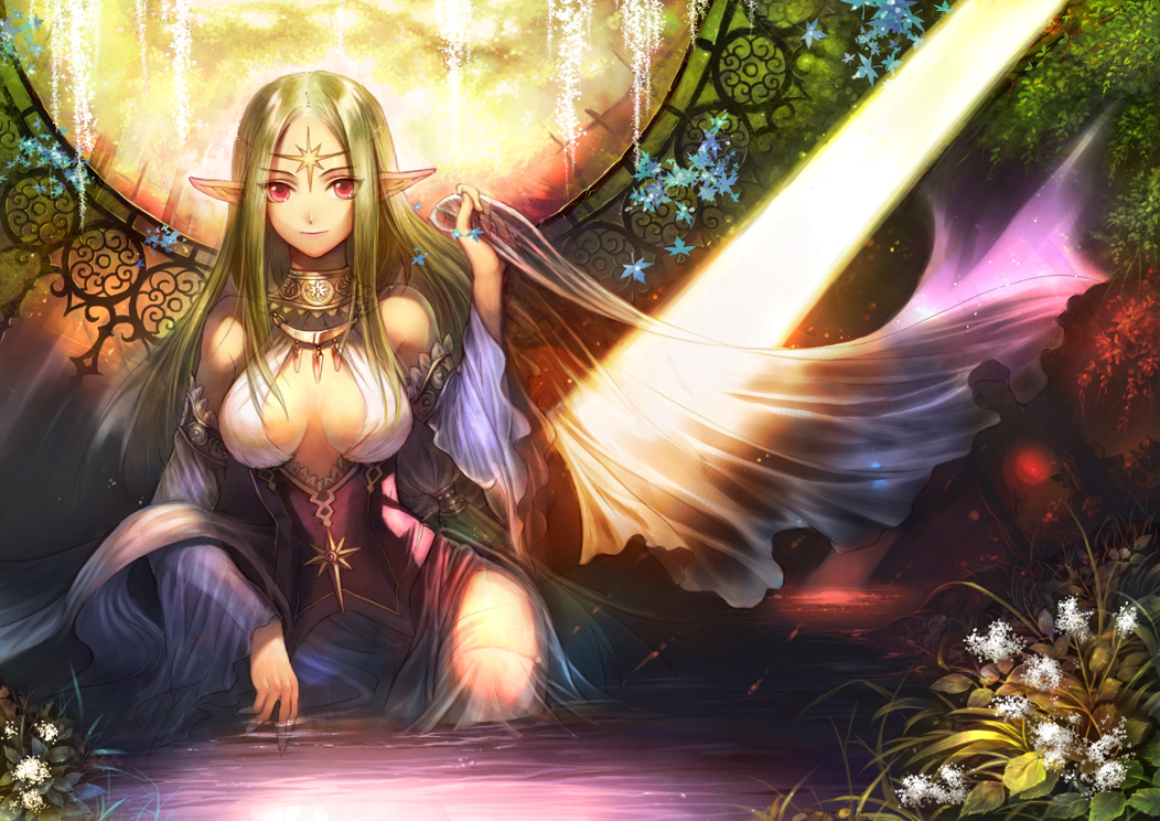 breasts circlet elf green_hair large_breasts long_hair original pink_eyes pointy_ears s0ad096 solo water