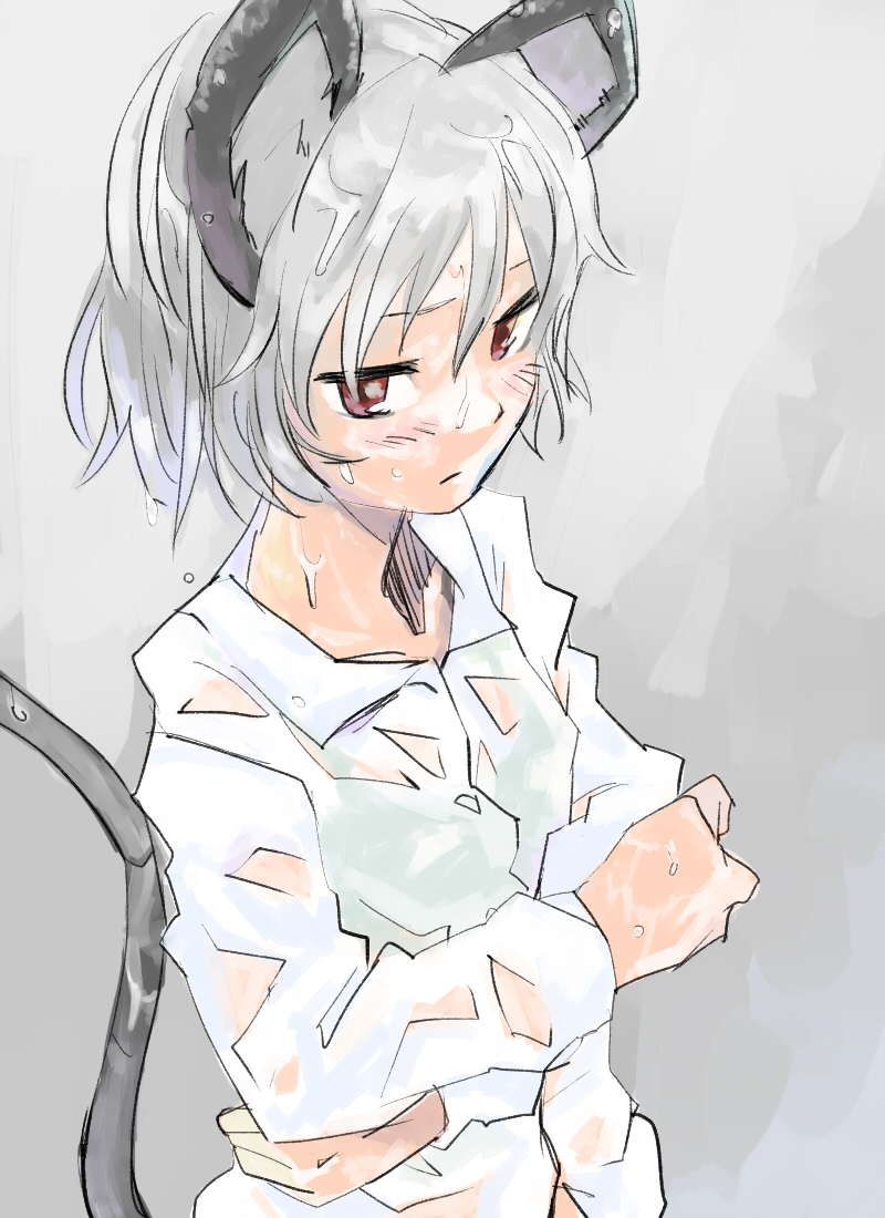 animal_ears blush crossed_arms dress_shirt face grey_eyes mouse_ears mouse_tail nazrin red_eyes sape_(saperon_black) see-through shirt short_hair sketch solo tail touhou upper_body wet wet_clothes wet_hair wet_shirt white_shirt