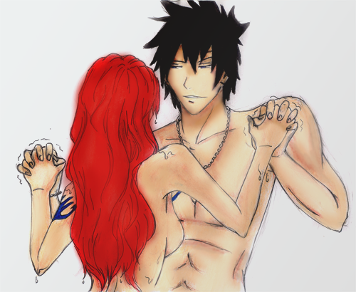 black_hair couple erza_scarlet fairy_tail gray_fullbuster long_hair red_hair short_hair smile