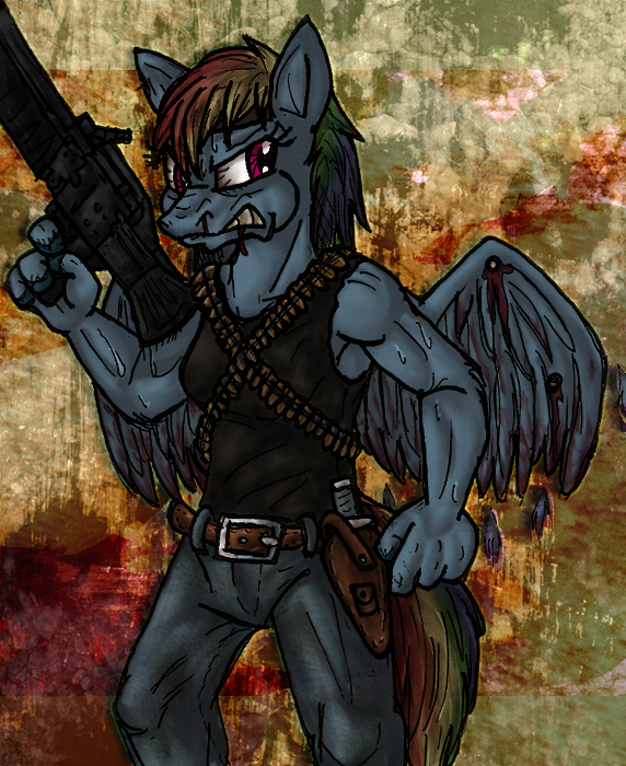 anthrofied awesome blood bullet crossover epic equine female friendship_is_magic hair horse knife m60 mammal multi-colored_hair my_little_pony nothing_is_sacred parody pegasus pink_eyes pony rainbow_dash_(mlp) rainbow_hair rambo solo unknown_artist wings