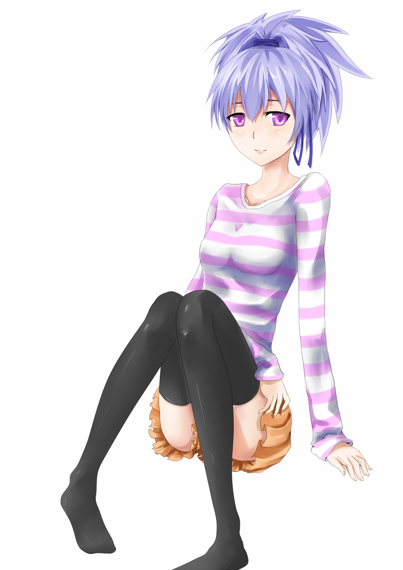 blush darker_than_black purple_eyes sitting skirt smile striped stripes thighhighs yin