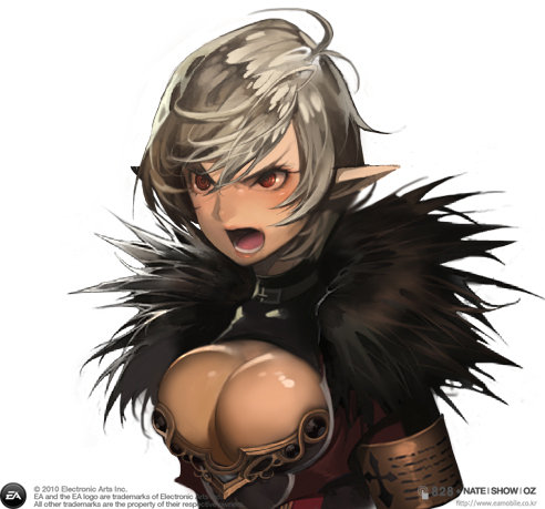 angry bad_id bad_pixiv_id breasts chronos_sword cleavage grey_hair large_breasts lowres nine_(chronos_sword) open_mouth pointy_ears red_eyes repi short_hair simple_background solo upper_body
