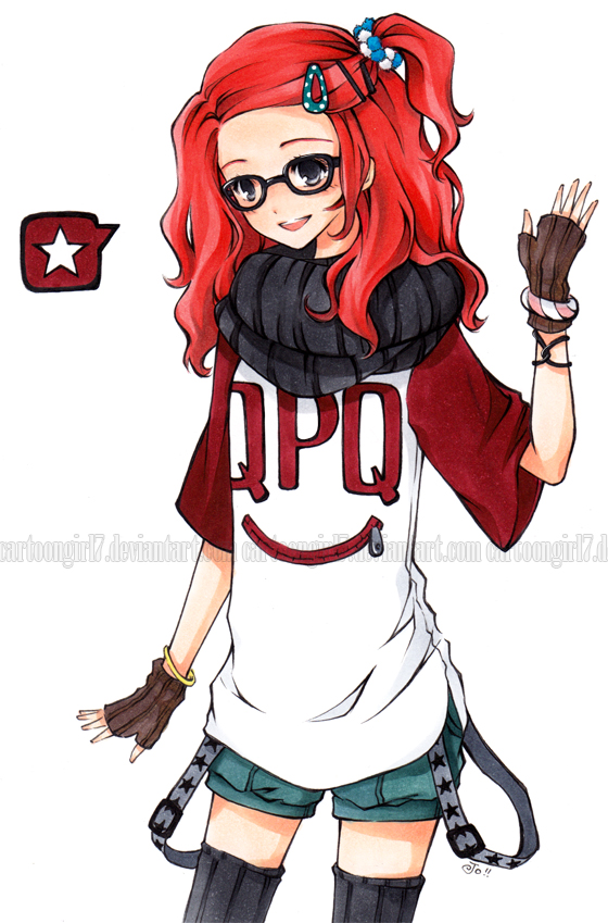 black_eyes bracelet clothes_writing fashion fingerless_gloves glasses gloves hair_ornament hairclip jewelry joanna_(mojo!) long_hair open_mouth original red_hair scarf shirt smile solo t-shirt thighhighs traditional_media watermark