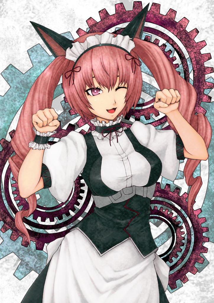 akiha_rumiho animal_ears cat_ears face gears hands long_hair maid one_eye_closed paw_pose pink_eyes pink_hair smile solo steins;gate suzuki_(pixiv1277943) twintails