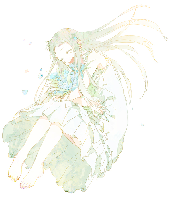 ano_hi_mita_hana_no_namae_wo_bokutachi_wa_mada_shiranai. bad_id bad_pixiv_id barefoot bouquet closed_eyes dress face feet flower honma_meiko long_hair object_hug open_mouth petals silver_hair sketch sleeveless solo tears yubari