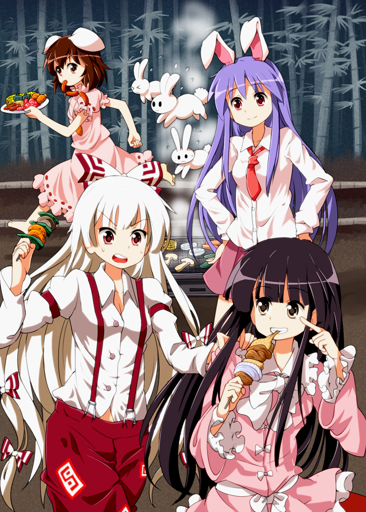 &gt;_&lt; :3 animal_ears bamboo bamboo_forest black_hair brown_hair bunny bunny_ears closed_eyes dress dress_shirt finger_to_face food forest fujiwara_no_mokou grey_eyes grill grin hand_on_shoulder hands_on_hips houraisan_kaguya inaba_tewi long_hair meat multiple_girls mushroom nature necktie ofuda onion open_mouth pants pink_dress plate purple_hair red_eyes reisen_udongein_inaba running ruu_(tksymkw) sausage shirt silver_hair smile stick suspenders touhou