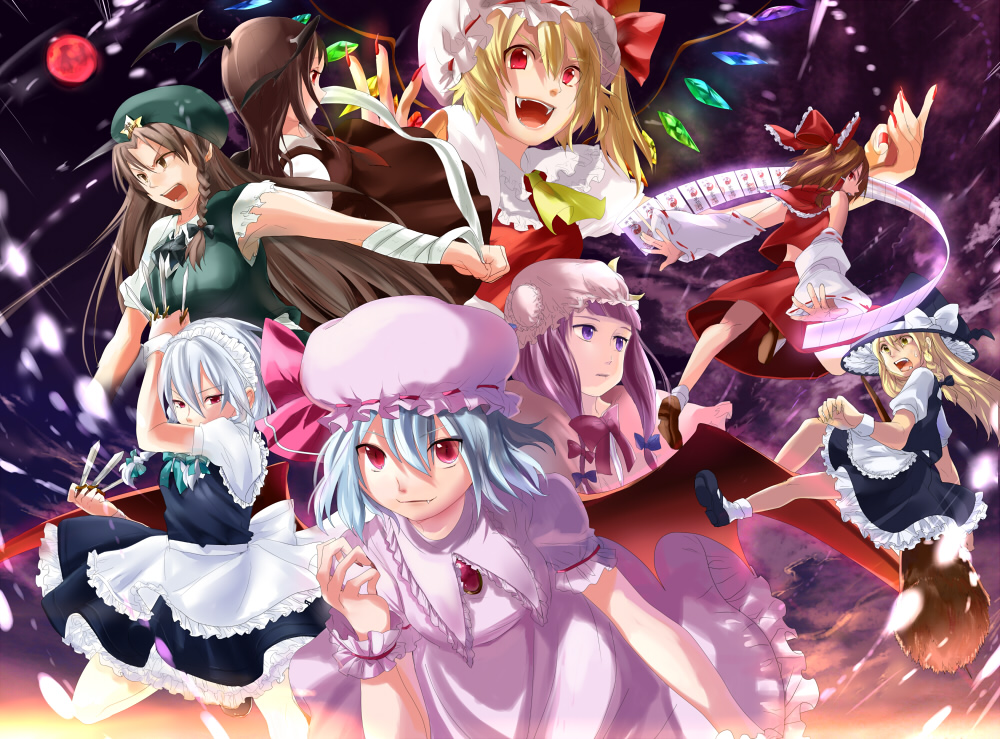 :d alternate_eye_color alternate_hair_color apron ascot bad_id bad_pixiv_id bandages bare_shoulders bat_wings between_fingers blonde_hair blue_hair bow braid broom broom_riding brown_eyes brown_hair crescent detached_sleeves dress fang fangs fighting_stance fingernails flandre_scarlet frills hair_bow hair_ribbon hakurei_reimu hat head_wings hong_meiling izayoi_sakuya kirisame_marisa knife koakuma large_bow long_fingernails long_hair looking_back maid maid_headdress midriff moon multiple_girls nail_polish necktie ofuda open_mouth patchouli_knowledge pink_dress purple_eyes purple_hair red_eyes red_moon remilia_scarlet ribbon short_hair side_ponytail silver_hair skirt smile star the_embodiment_of_scarlet_devil torn_clothes touhou twin_braids ume_(plumblossom) vest waist_apron wings witch_hat wrist_cuffs yellow_eyes