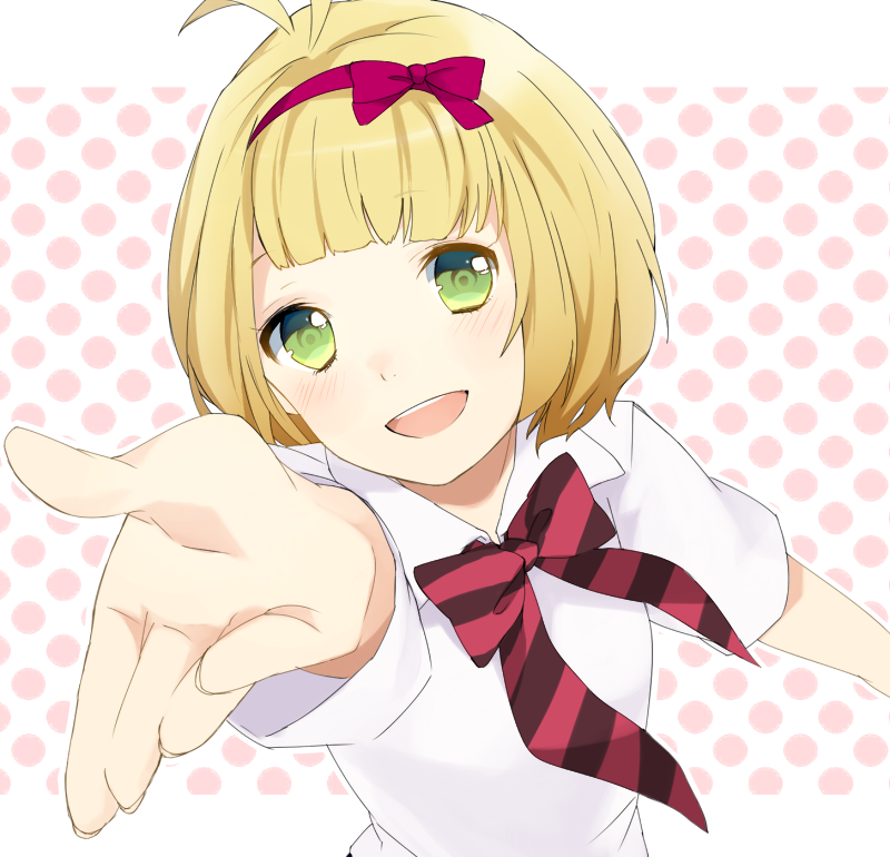ahoge ao_no_exorcist bad_id bad_pixiv_id blonde_hair blush bow face foreshortening green_eyes hairband hands minami_haruya moriyama_shiemi open_mouth outstretched_arm perspective school_uniform short_hair smile solo