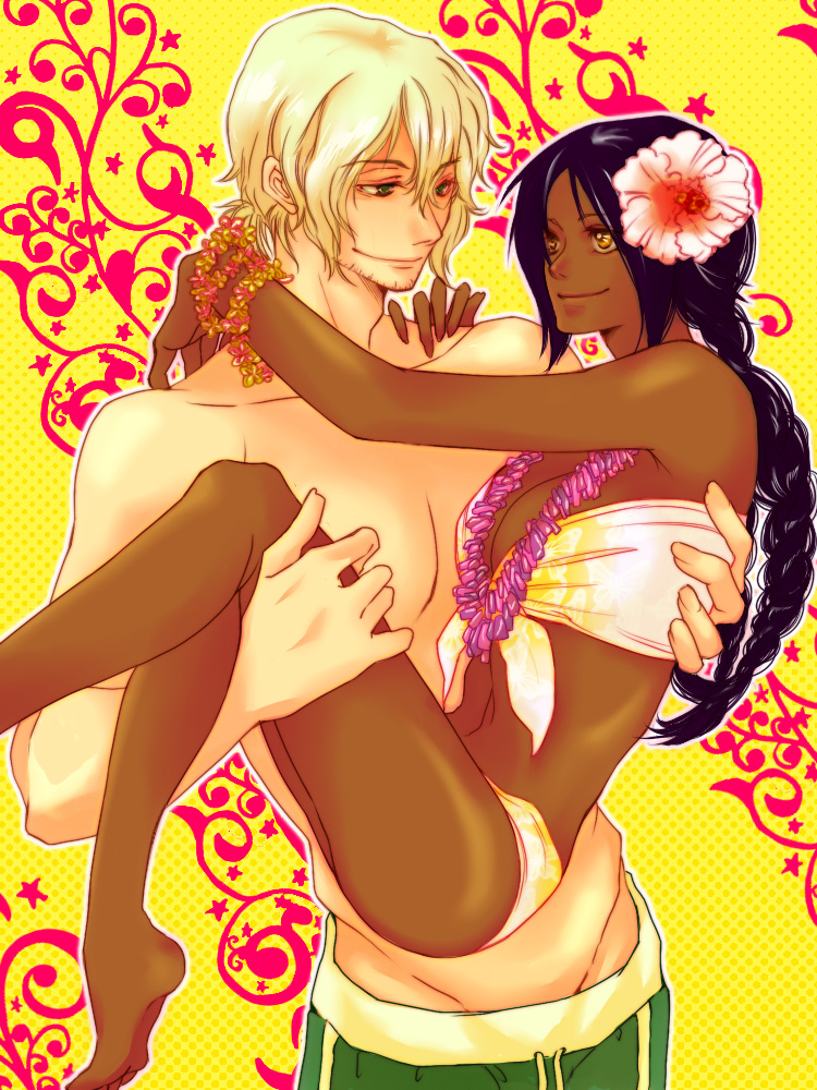 barefoot bikini black_hair bleach blonde_hair carrying couple dark_skin flower princess_carry shihouin_yoruichi swimsuit urahara_kisuke