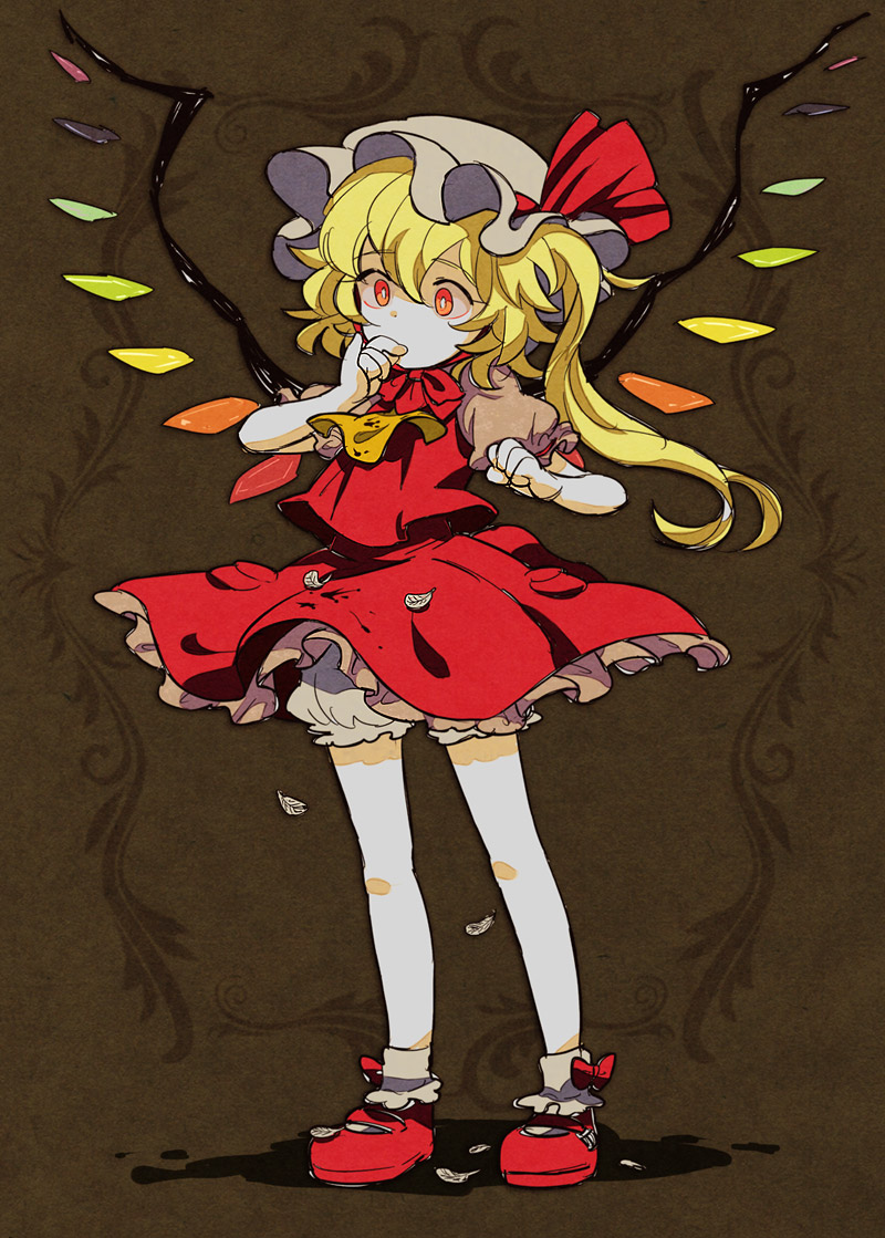 ascot blonde_hair blood bloomers child dress feathers flandre_scarlet hat long_hair mary_janes mattie red_eyes shoes side_ponytail socks solo standing thumb_sucking touhou underwear white_legwear wings