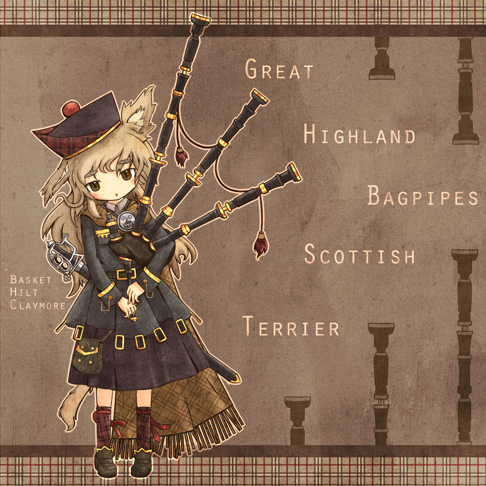 akihiyo animal_ears bagpipes blush_stickers brown_eyes brown_hair dog_ears dog_tail english hat instrument long_hair original personification plaid scarf sheath skirt solo sword tail weapon