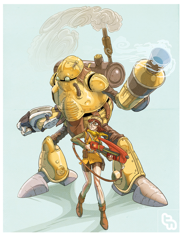 chrono_trigger glasses gun helmet lucca_ashtear niccolo_balce red_hair robo robot steampunk weapon