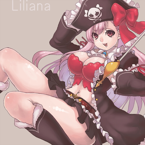 ascot belt boots bow breasts bustier captain_liliana cleavage frills hat jolly_roger large_breasts legs lingerie long_hair long_legs midriff miniskirt navel pink_eyes pink_hair pirate pirate_hat pleated_skirt queen's_blade queen's_blade_rebellion rapier ribbon rocb skirt skull_and_crossed_swords solo sword thighs underwear very_long_hair weapon