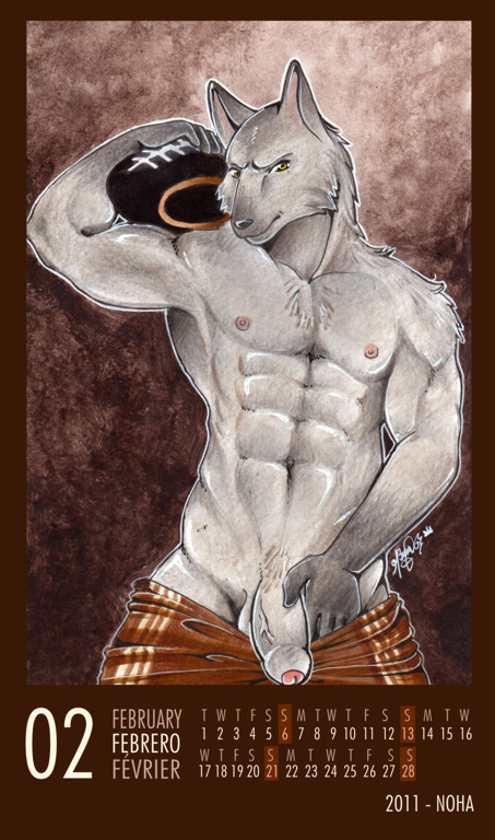 abs american_football anthro balls calendar canine football fur grey grey_fur jock looking_at_viewer male mammal muscles nipples noha penis solo topless uncut wolf yellow_eyes