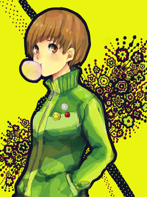 brown_eyes brown_hair bubble_blowing chewing_gum coubo hands_in_pockets jacket looking_at_viewer persona persona_4 satonaka_chie short_hair smiley_face solo sweatshirt tegaki track_jacket