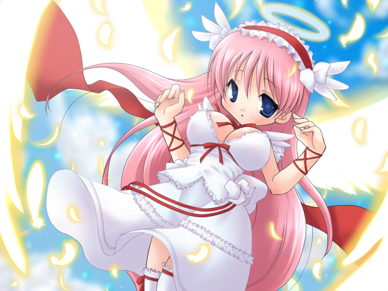 angel_wings blue_eyes bow breasts casual dress feathers frills hair_ribbon hairband halo haramura_nodoka long_hair medium_breasts narimiya_momone nodocchi pink_hair ribbon saki shy solo thighhighs white_legwear wings