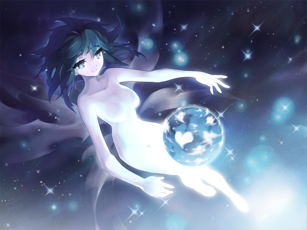 commentary_request earth globe glowing green_eyes green_hair gumi heart hoshi_no_uta_(vocaloid) karpin night nude open_mouth outstretched_arms planet short_hair solo star vocaloid