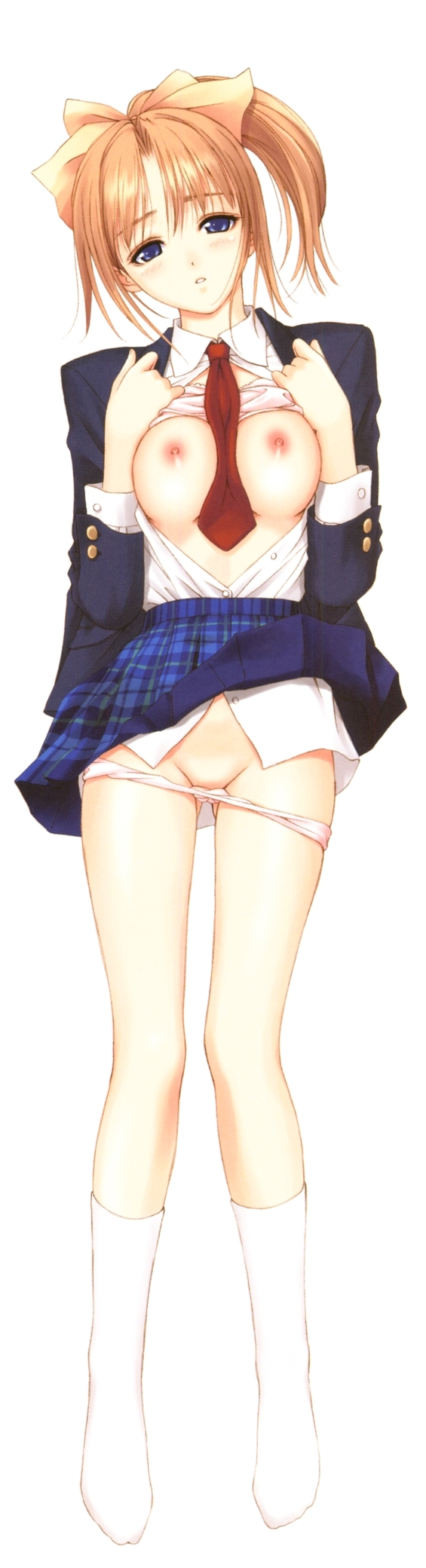 after blue_skirt bra breasts dakimakura full_body highres lingerie medium_breasts miniskirt nipples open_clothes open_shirt panties panty_pull plaid plaid_skirt pleated_skirt school_uniform shiomiya_kanami shirt skirt skirt_lift solo tanaka_takayuki underwear