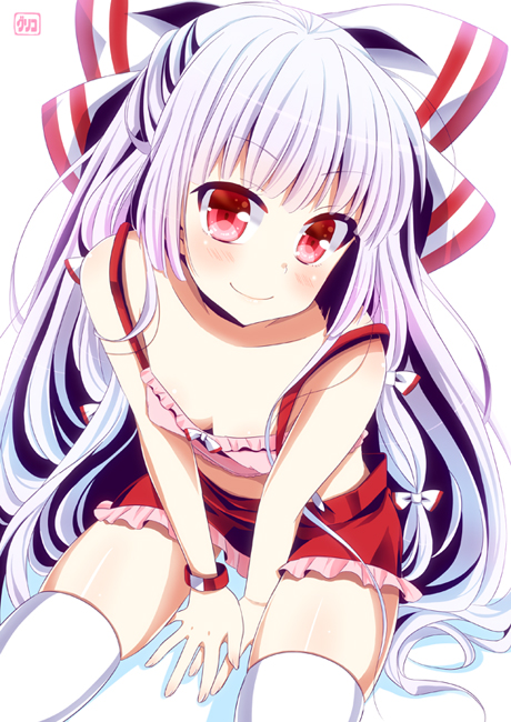 adapted_costume bare_shoulders blush bow bracelet breasts cleavage downblouse flat_chest from_above fujiwara_no_mokou hair_bow jewelry long_hair looking_at_viewer pengin_guriko red_eyes silver_hair simple_background sitting small_breasts smile solo thighhighs touhou very_long_hair white_legwear